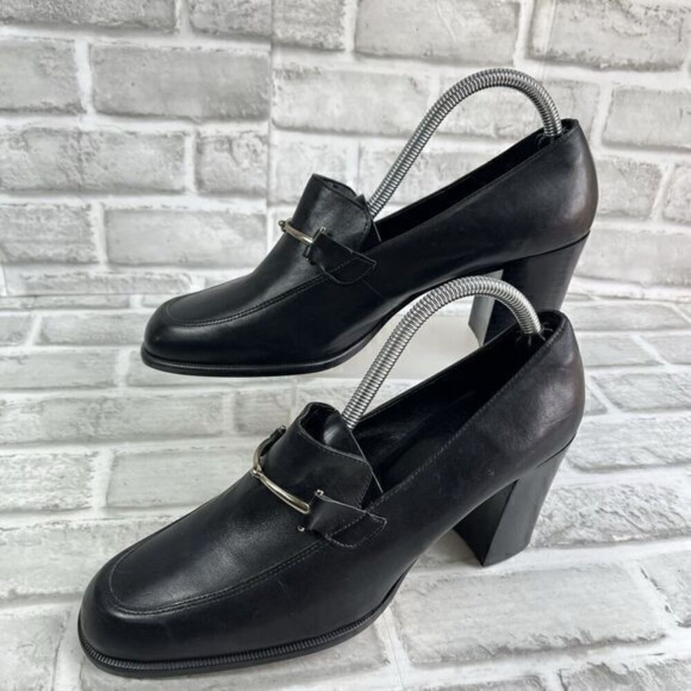 Nine West Vintage Women's 9.5 Black Leather Chunky Heel Pumps With Silver Detail